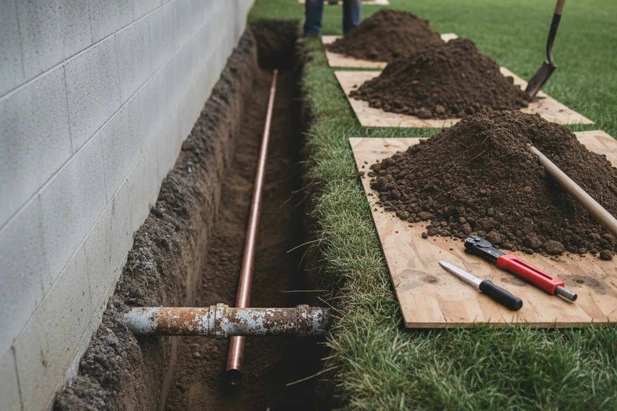 Excavated water line trench during Water Heater Repair in Cecil